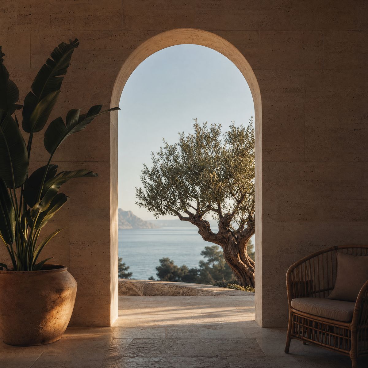 Tall arched opening in a travertine wall framing an olive tree and the sea